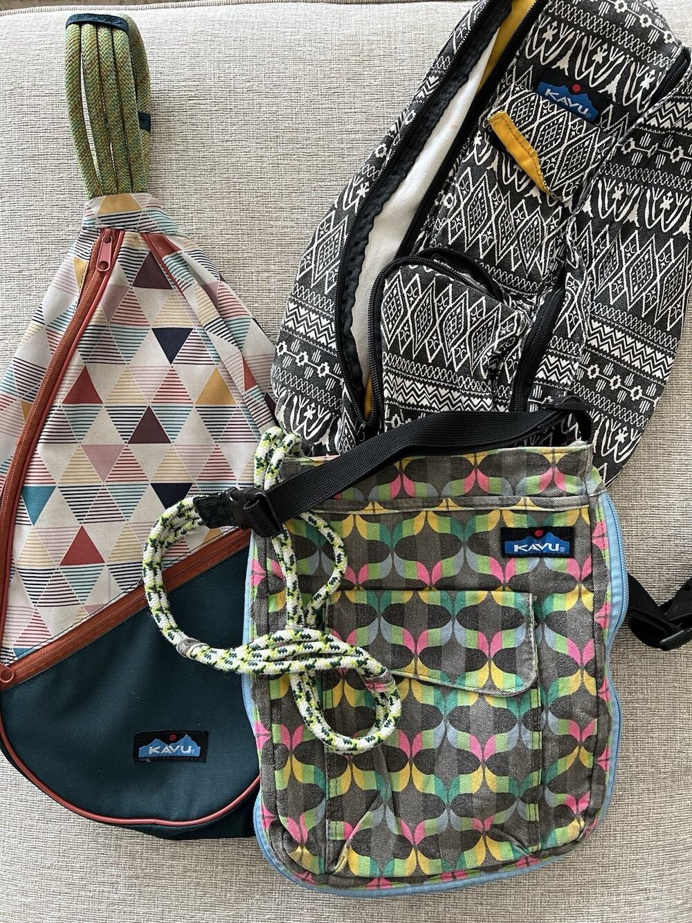 Lot Of 3 Kavu Sling Crossbody Bags Various Condition Colors Patterns Geometric